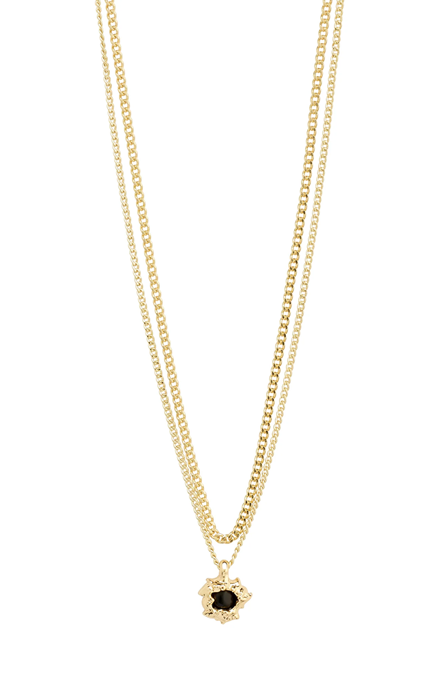 PILGRIM ACT BLACK AGATHE PENDANT 2-IN-1 NECKLACE IN GOLD