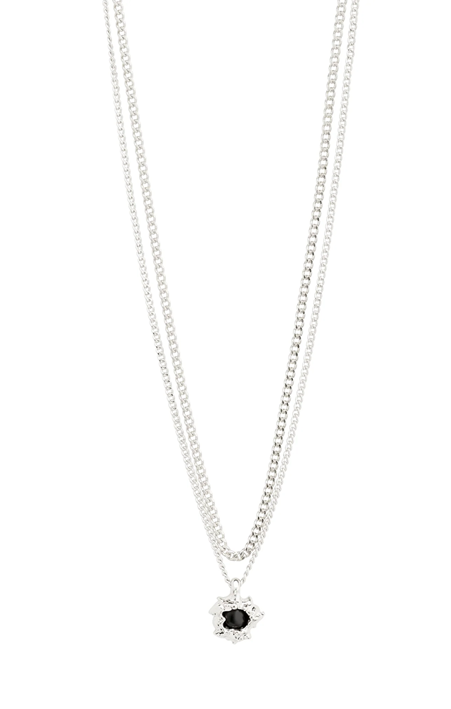 PILGRIM ACT BLACK AGATHE PENDANT 2-IN-1 NECKLACE IN SILVER