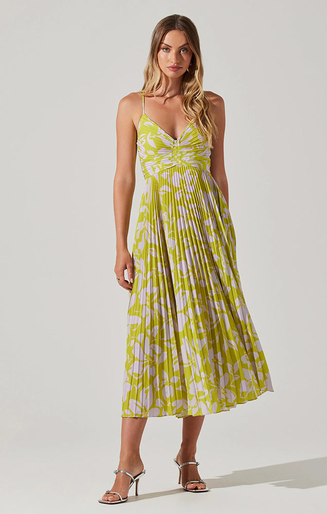 ASTR BLYTHE FLORAL PLISSE MIDI DRESS IN LIME LAVENDER FLORAL