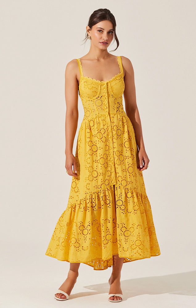 ASTR YAMILA EYELET CORSET MIDI DRESS