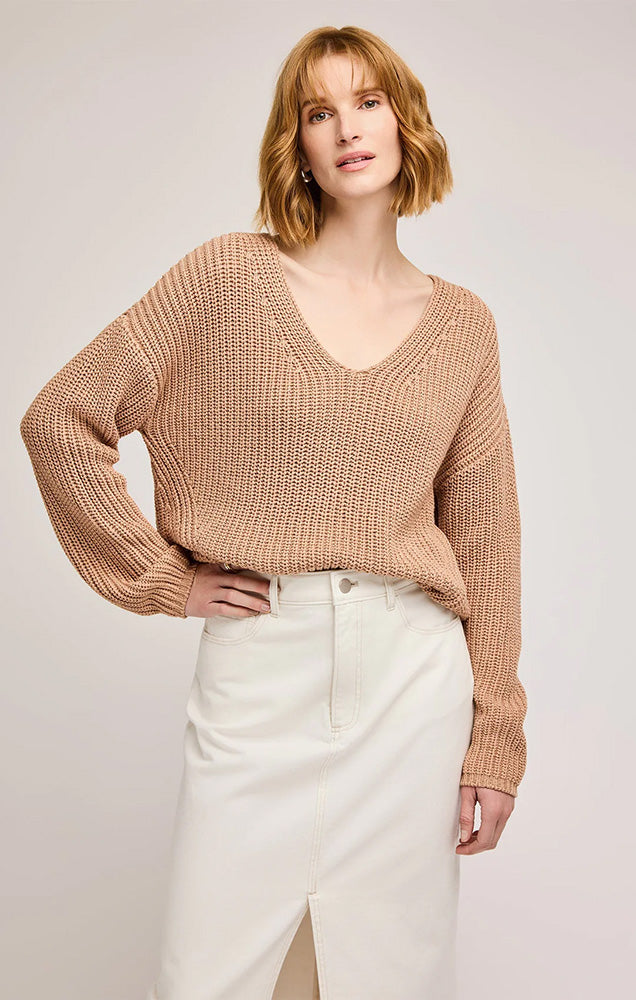 GENTLE FAWN SPENCER V-NECK KNIT SWEATER IN TAN