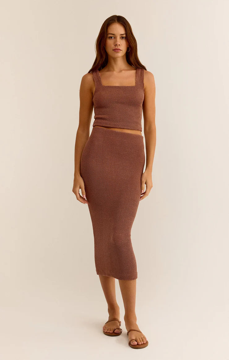 Z SUPPLY AVEEN CRINKLE STRETCH KNIT MIDI SKIRT IN BRONZER