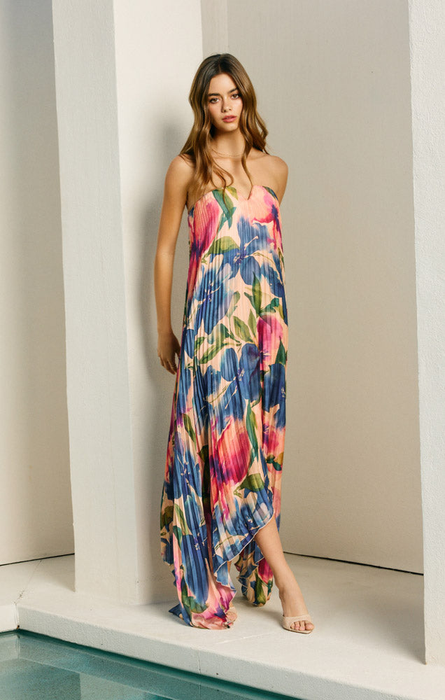 Strapless Pleated Maxi Column Dress