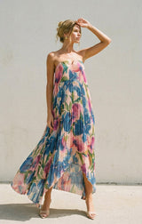 Strapless Pleated Maxi Column Dress