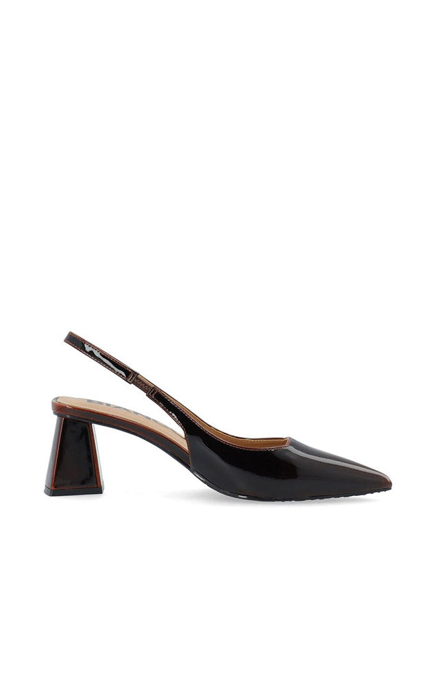 Biamaralyn Sculptural Heel Slingbacks in Brown Pull Up Patent