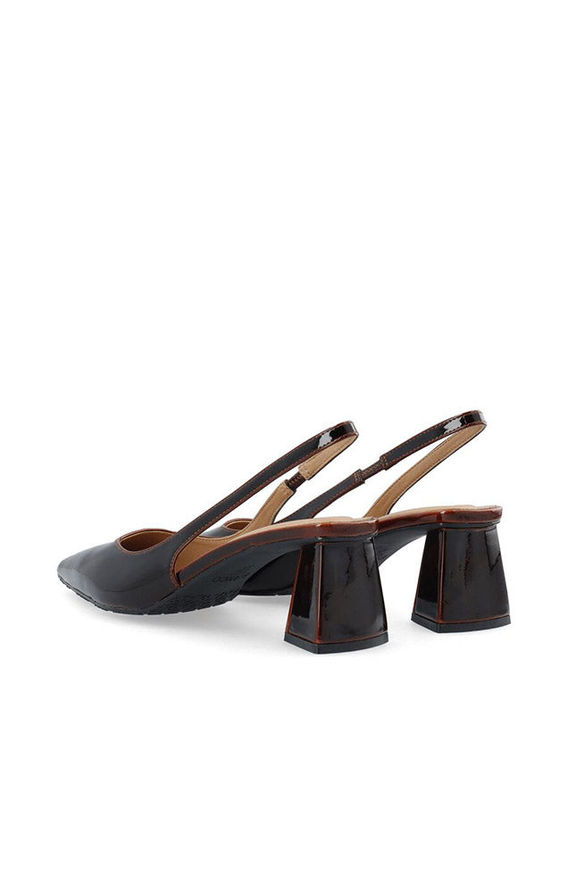 Biamaralyn Sculptural Heel Slingbacks in Brown Pull Up Patent