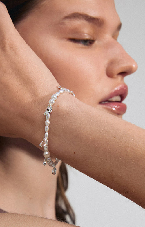 PILGRIM INTENT FRESHWATER PEARLS & PENDANTS BRACELET IN SILVER
