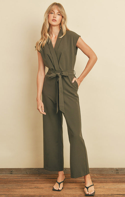 SERENITY BELTED JUMPSUIT IN OLIVE