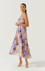 BLYTHE FLORAL PLISSE MIDI DRESS IN PURPLE