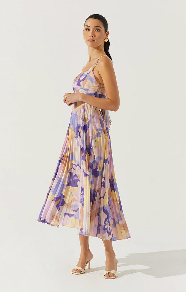 BLYTHE FLORAL PLISSE MIDI DRESS IN PURPLE