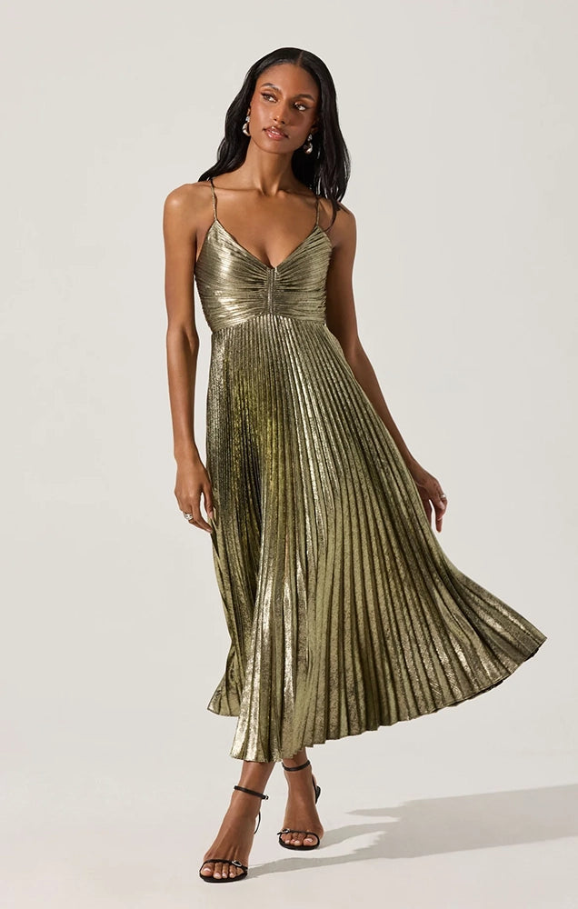 BLYTHE METALLIC PLISSE MIDI DRESS