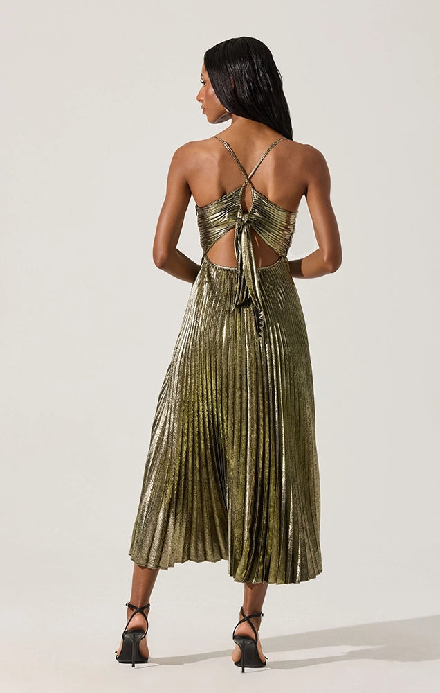 BLYTHE METALLIC PLISSE MIDI DRESS