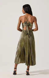 BLYTHE METALLIC PLISSE MIDI DRESS