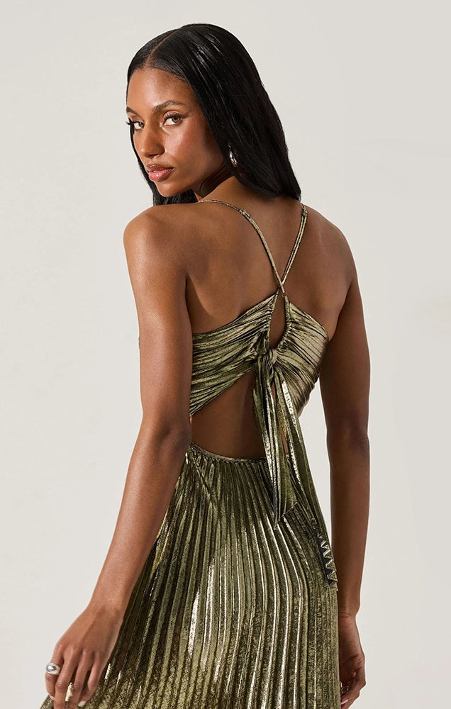 BLYTHE METALLIC PLISSE MIDI DRESS