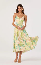 BLYTHE FLORAL PLISSE MIDI DRESS IN GREEN PEACH TROPICAL