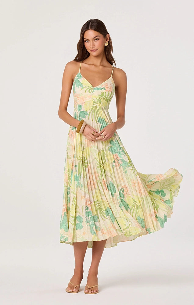 BLYTHE FLORAL PLISSE MIDI DRESS IN GREEN PEACH TROPICAL