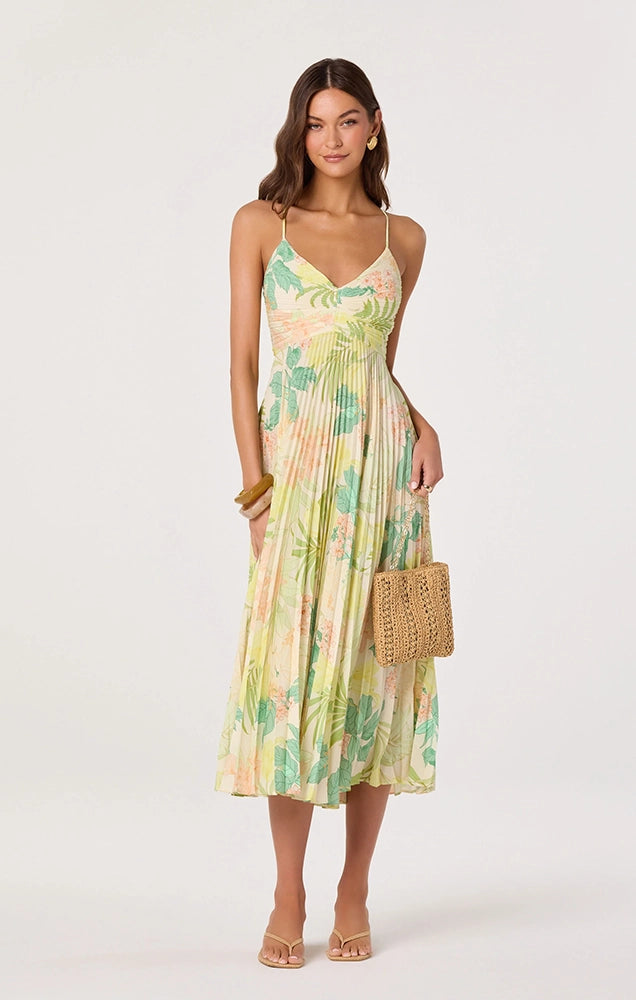 BLYTHE FLORAL PLISSE MIDI DRESS IN GREEN PEACH TROPICAL