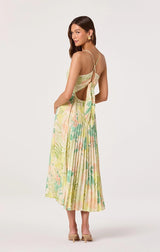 BLYTHE FLORAL PLISSE MIDI DRESS IN GREEN PEACH TROPICAL
