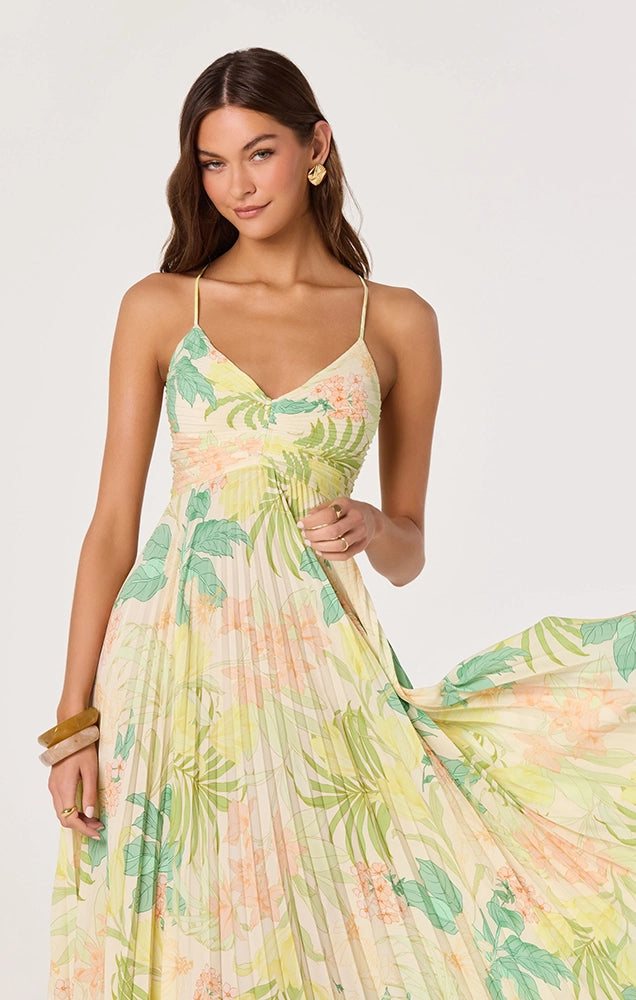 BLYTHE FLORAL PLISSE MIDI DRESS IN GREEN PEACH TROPICAL
