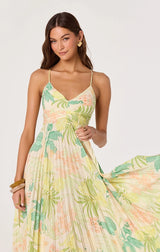 BLYTHE FLORAL PLISSE MIDI DRESS IN GREEN PEACH TROPICAL