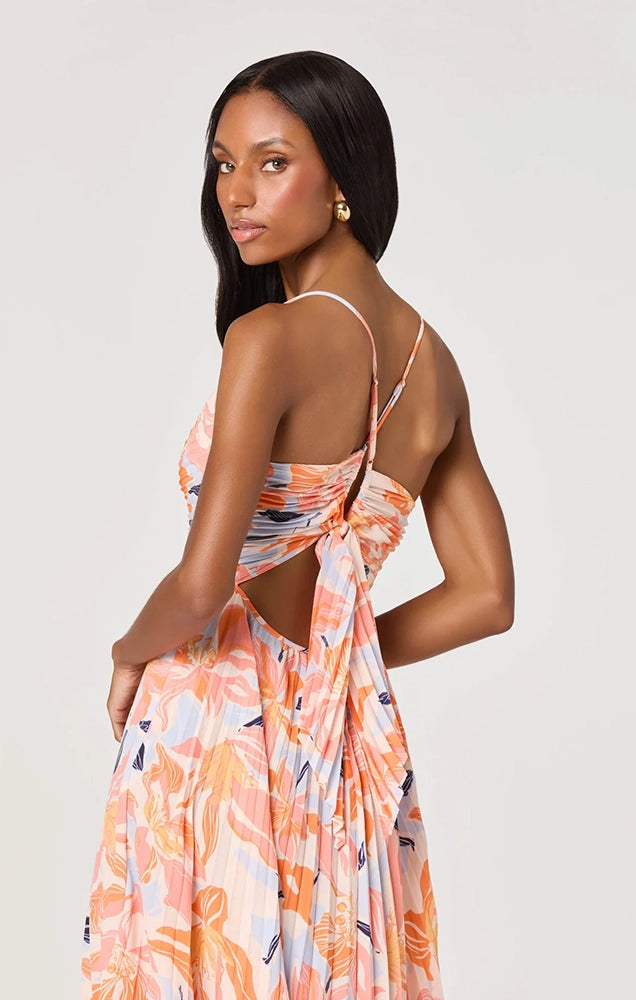 BLYTHE FLORAL PLISSE MIDI DRESS IN ORANGE BLUE FLORAL