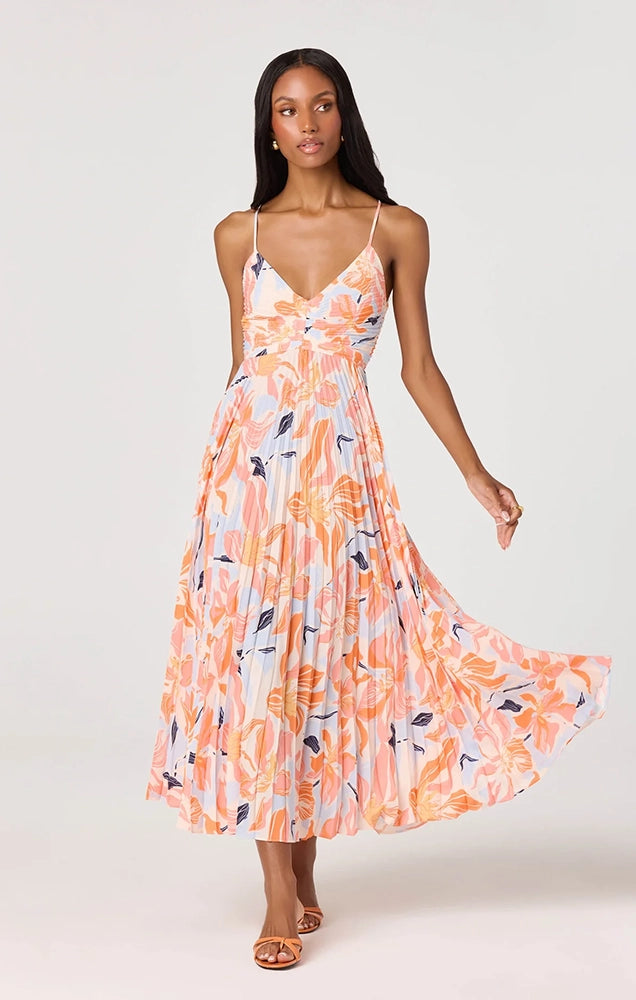 BLYTHE FLORAL PLISSE MIDI DRESS IN ORANGE BLUE FLORAL