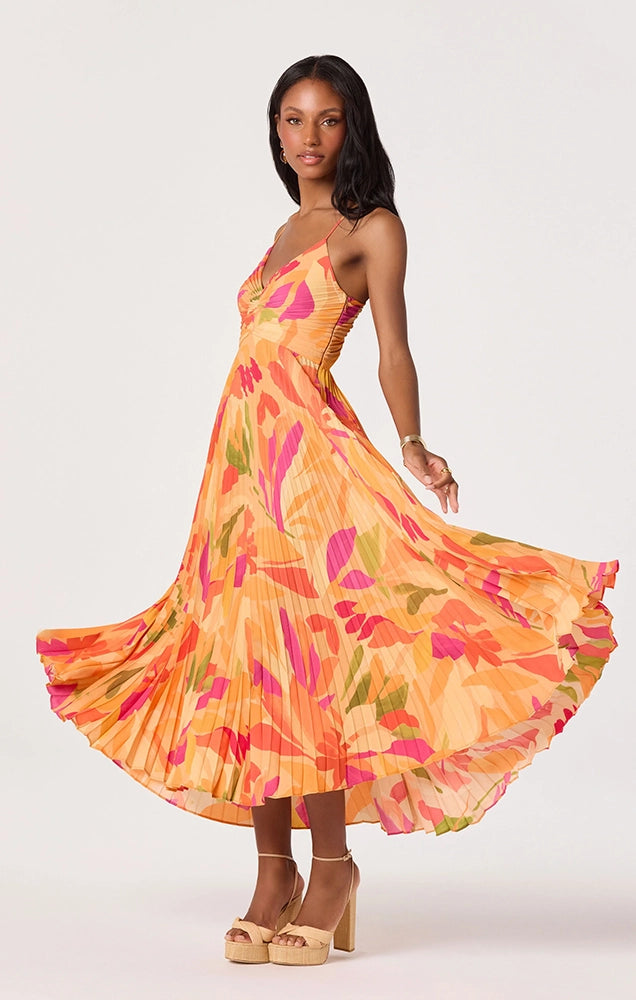 BLYTHE FLORAL PLISSE MIDI DRESS IN ORANGE FLORAL