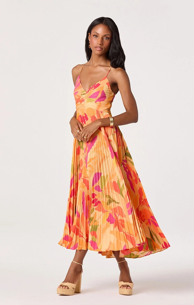 BLYTHE FLORAL PLISSE MIDI DRESS IN ORANGE FLORAL