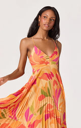 BLYTHE FLORAL PLISSE MIDI DRESS IN ORANGE FLORAL
