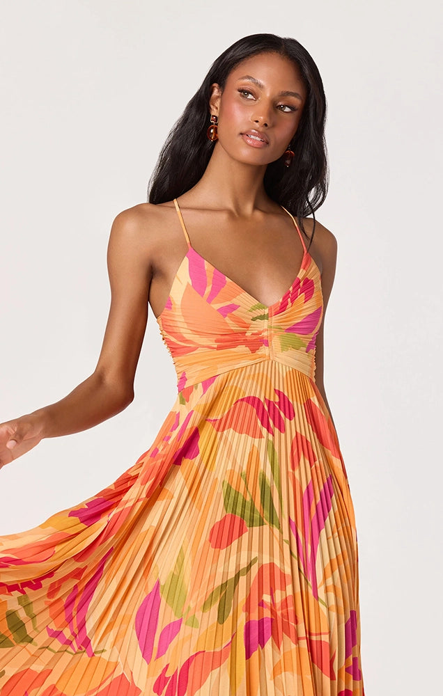 BLYTHE FLORAL PLISSE MIDI DRESS IN ORANGE FLORAL