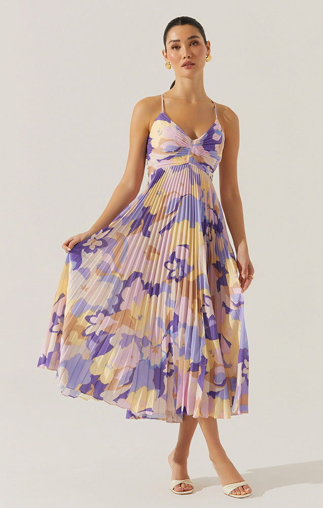 BLYTHE FLORAL PLISSE MIDI DRESS IN PURPLE