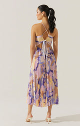 BLYTHE FLORAL PLISSE MIDI DRESS IN PURPLE