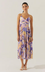 BLYTHE FLORAL PLISSE MIDI DRESS IN PURPLE