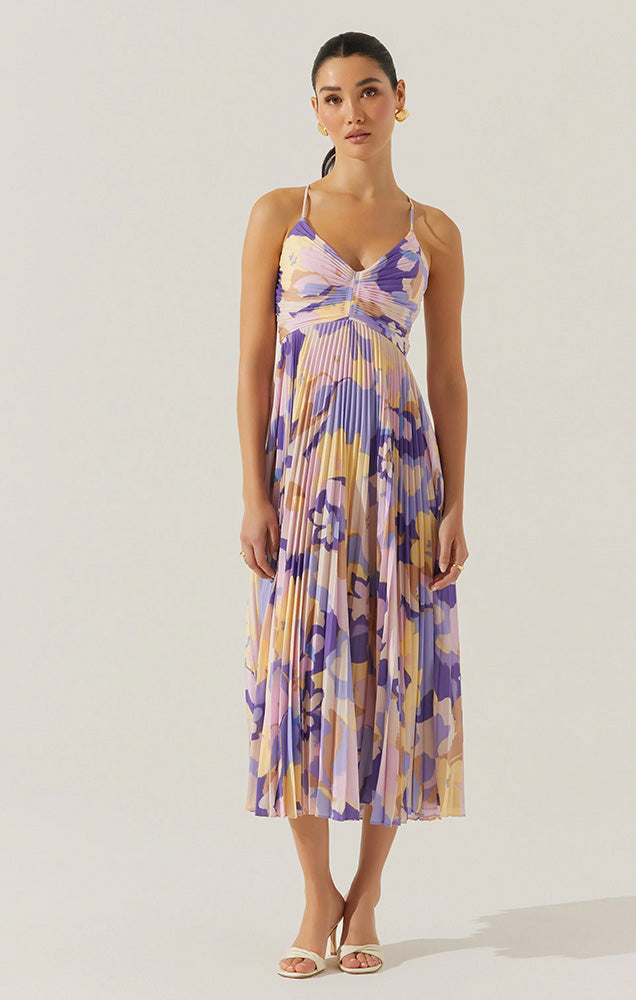 BLYTHE FLORAL PLISSE MIDI DRESS IN PURPLE