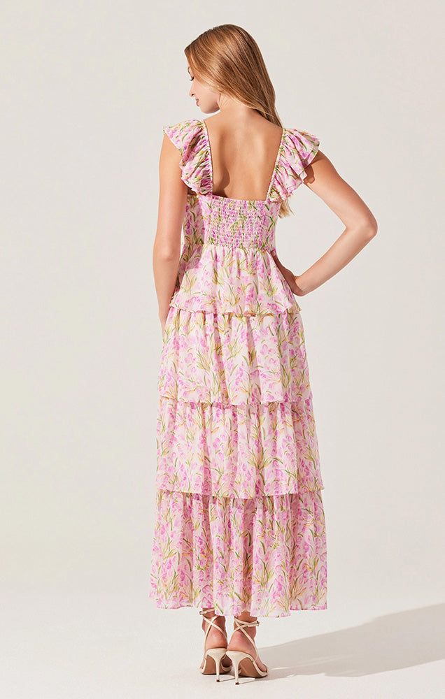 MIDSUMMER FLORAL TIERED MAXI DRESS IN PINK