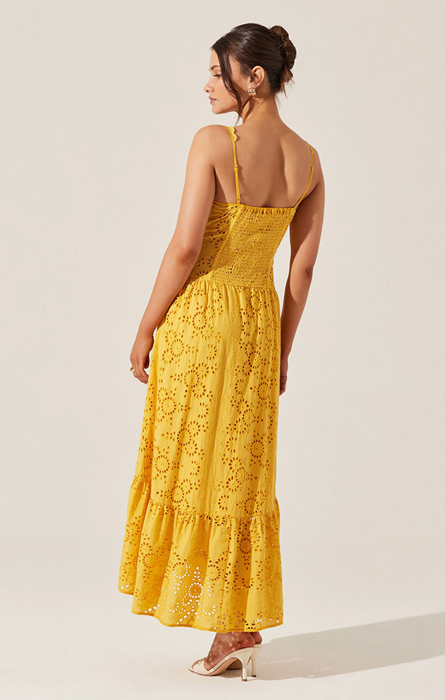 YAMILA EYELET CORSET MIDI DRESS