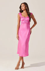 ASTR ENOLA SATIN SMOCKED MIDI DRESS