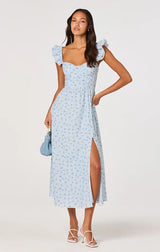 WEDELIA RUFFLE STRAP EYELET CORSET MIDI DRESS