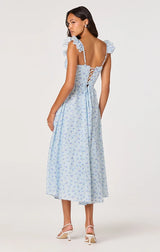 WEDELIA RUFFLE STRAP EYELET CORSET MIDI DRESS