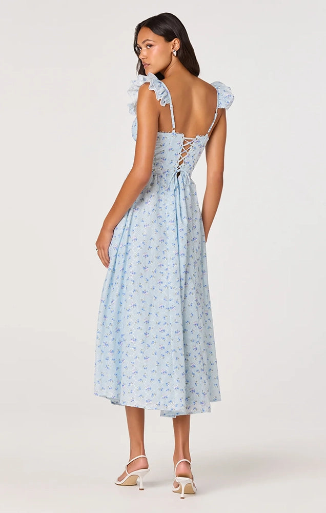 WEDELIA RUFFLE STRAP EYELET CORSET MIDI DRESS