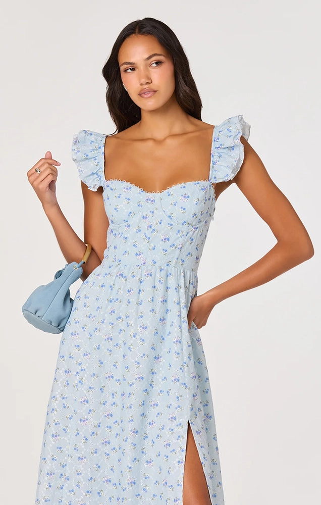 WEDELIA RUFFLE STRAP EYELET CORSET MIDI DRESS
