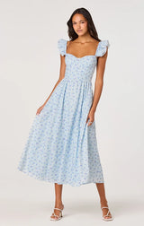 WEDELIA RUFFLE STRAP EYELET CORSET MIDI DRESS