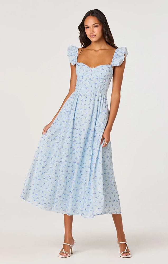 WEDELIA RUFFLE STRAP EYELET CORSET MIDI DRESS