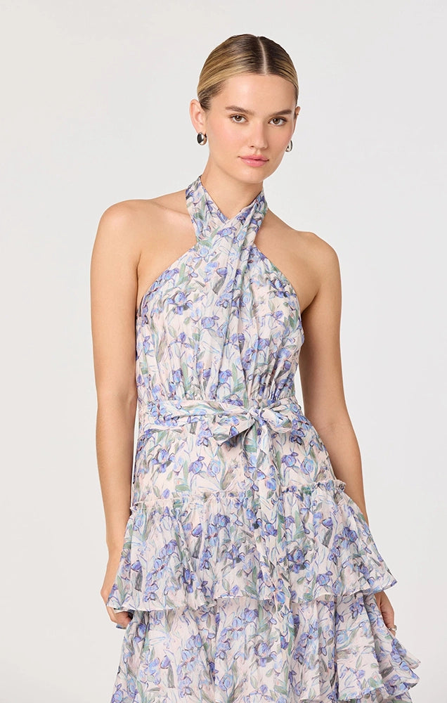 ADAMARIS FLORAL RUFFLE HALTER MAXI DRESS