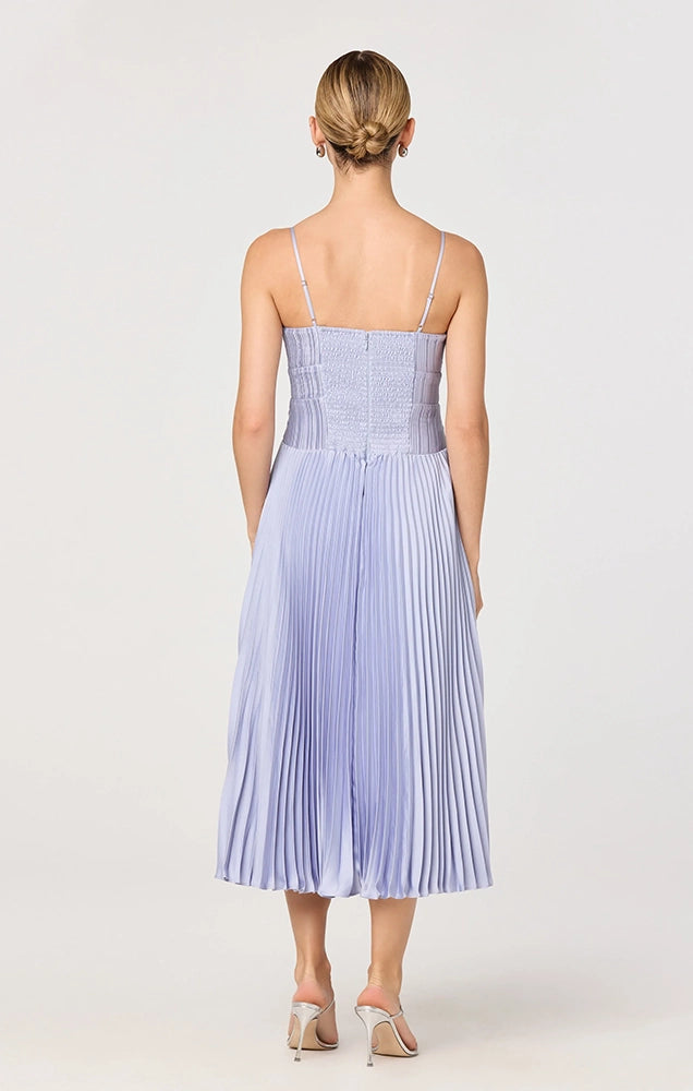 SHIONAGH SATIN PLEATED MIDI DRESS