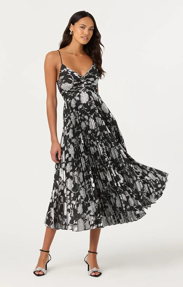 SAOIRSE METALLIC PLEATED MIDI DRESS