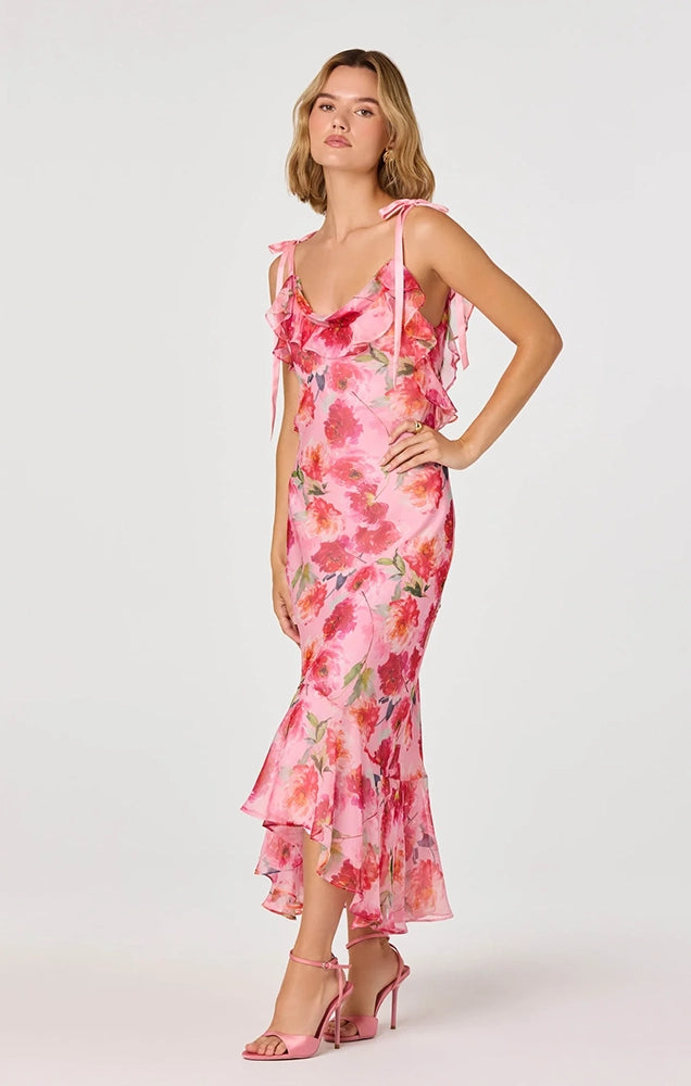 NISSA FLORAL RUFFLE MIDI DRESS