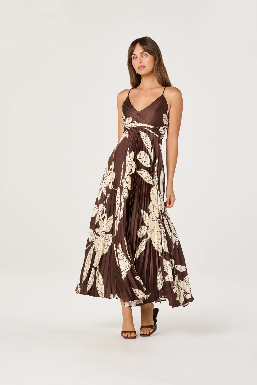 Clea Pleated Satin V-Neck Maxi Dress