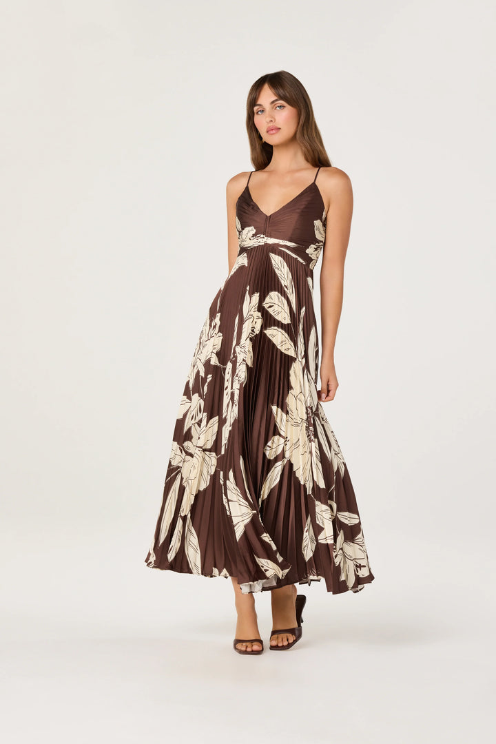 Clea Pleated Satin V-Neck Maxi Dress