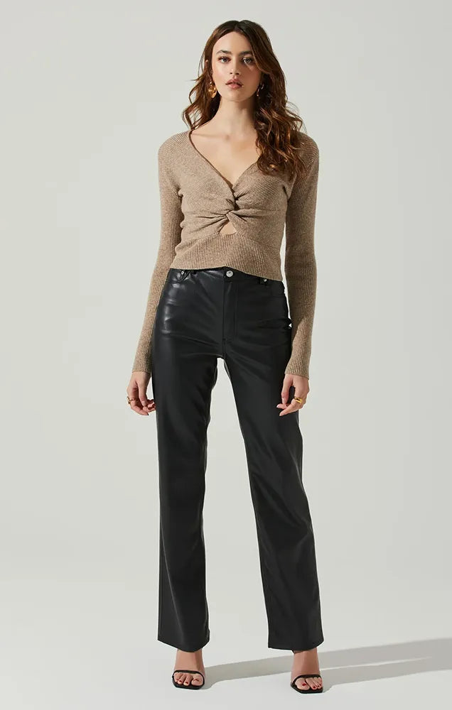 RYLEE TWIST FRONT CUTOUT SWEATER IN TAUPE